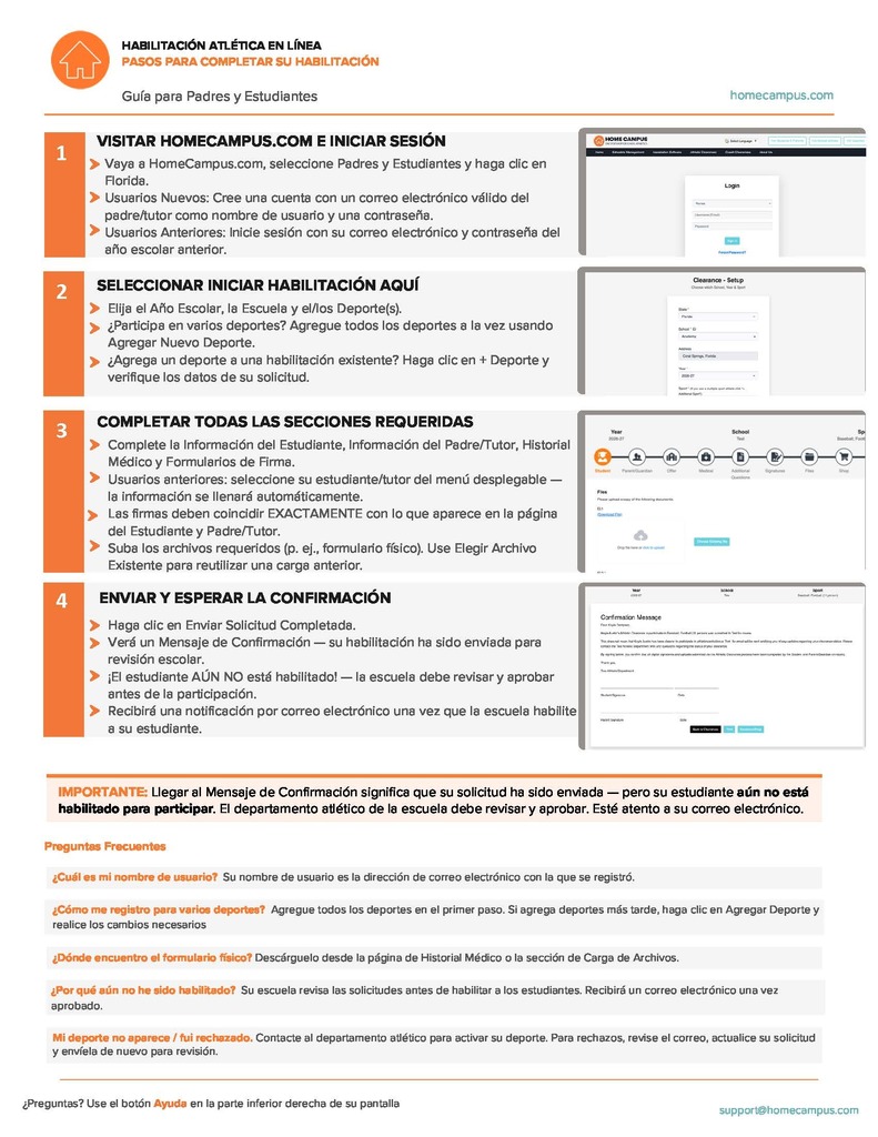 Information about Online Athletic clearance through Home Campus in Spanish