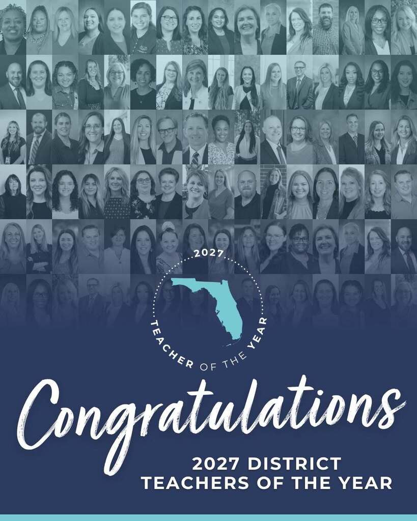 Congratulations 2027 District Teachers of the Year in light and dark blue colors with black and white headshots of teachers of the year