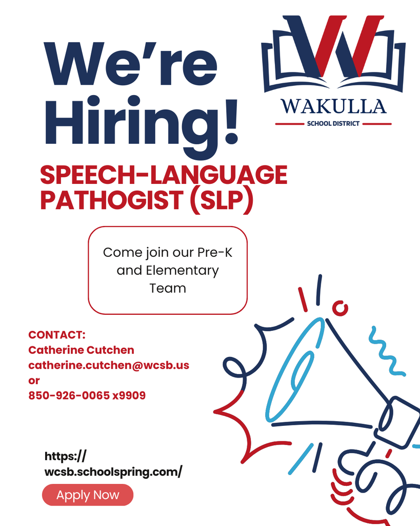 Join the Wakulla County Schools team! We are looking for a Speech-Language Pathologist (SLP) to join our PRe-K and Elementary team! For more information, contact Catherine Cutchen at catherine.cutchen@wcsb.us. Apply today: wcsb.schoolspring.com Build futures. Serve with Wakulla.