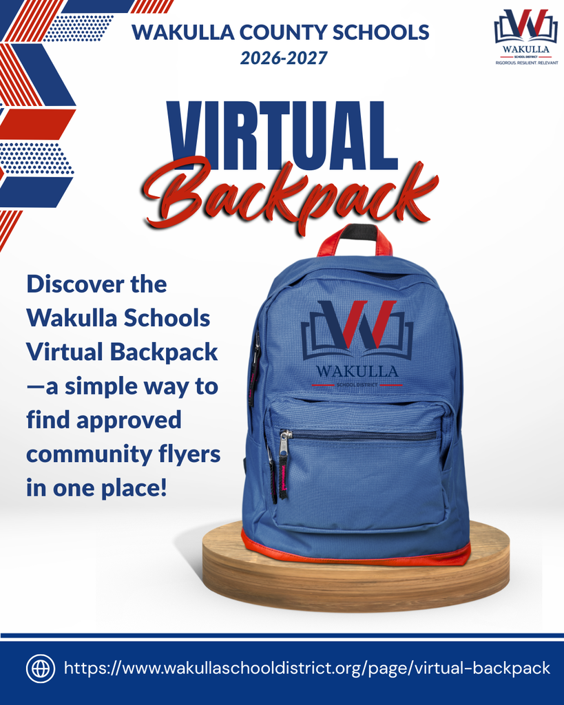 What's New in the Virtual Backpack? Back-to-school season is here, and our Virtual Backpack is filling up with community events, family resources, and upcoming opportunities! Whether you're looking for a local event, student program, or helpful community resource, be sure to check back often as new flyers are added throughout the year. 🔗 Browse the Virtual Backpack: https://www.wakullaschooldistrict.org/page/virtual-backpack 📣 Have an event or program you'd like to share with Wakulla families? Submit a flyer request here: https://www.wakullaschooldistrict.org/forms/virtual-backpack-flyer-request ⚠️ Please Note: Posting of flyers is for informational purposes only and does not imply endorsement or recommendation by the Wakulla County School District.