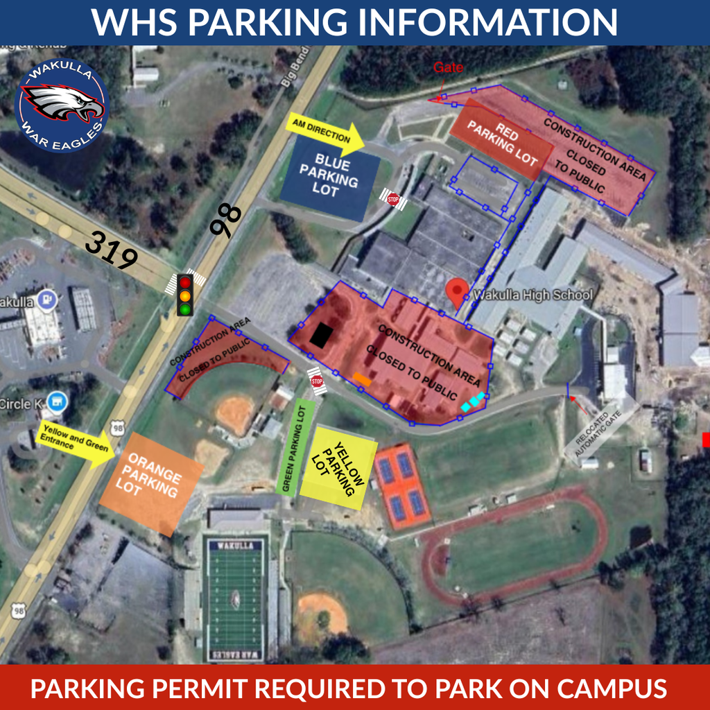 WHS Families: Please Check Your Focus Email Important information regarding construction, student parking, morning drop-off, and afternoon pickup has been emailed to Wakulla High School families through Focus. The map below provides an overview of the temporary parking and traffic plan. Please review the complete email carefully before the first day of school. Reminder: Students must have a valid WHS parking placard to park on campus beginning August 10. Thank you for your patience as we adjust to these changes and continue making progress on the new Wakulla High School.