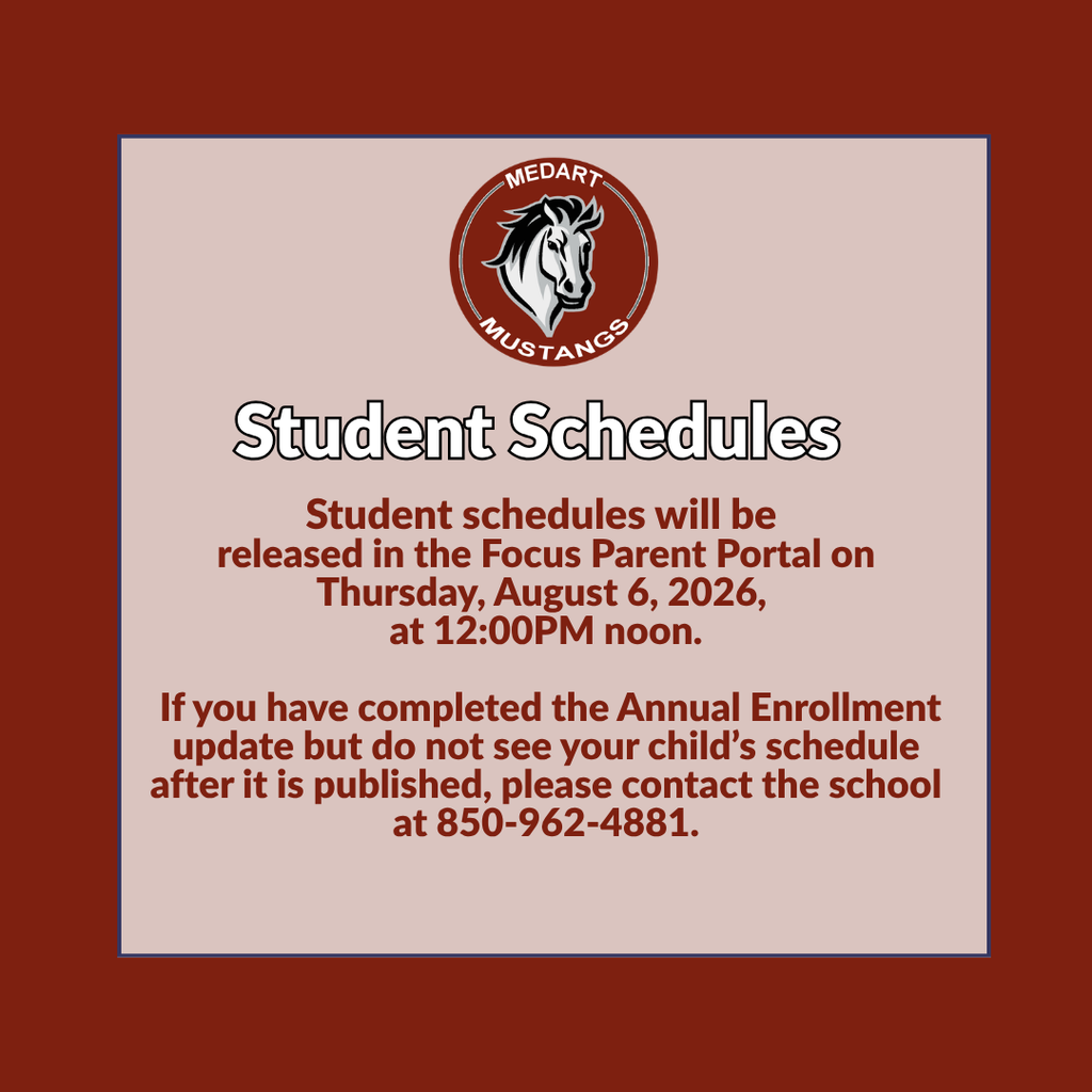 Student Schedules will be released in the Focus Parent Portal on Thursday, August 6, 2026 at 12:00PM noon. If you have completed the Annual Enrollment update by do not see your child's schedule after it is published, please contact the school. 