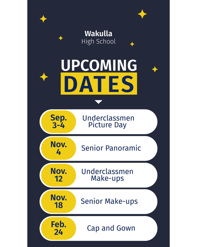 Pictures Days, Sep. 3-4 Underclassmen, Nov. 4 Senior Panoramic, Nov. 12 Underclass Make-ups, Nov. 18 Senior Make-ups, and Feb. 24 Cap and Gown