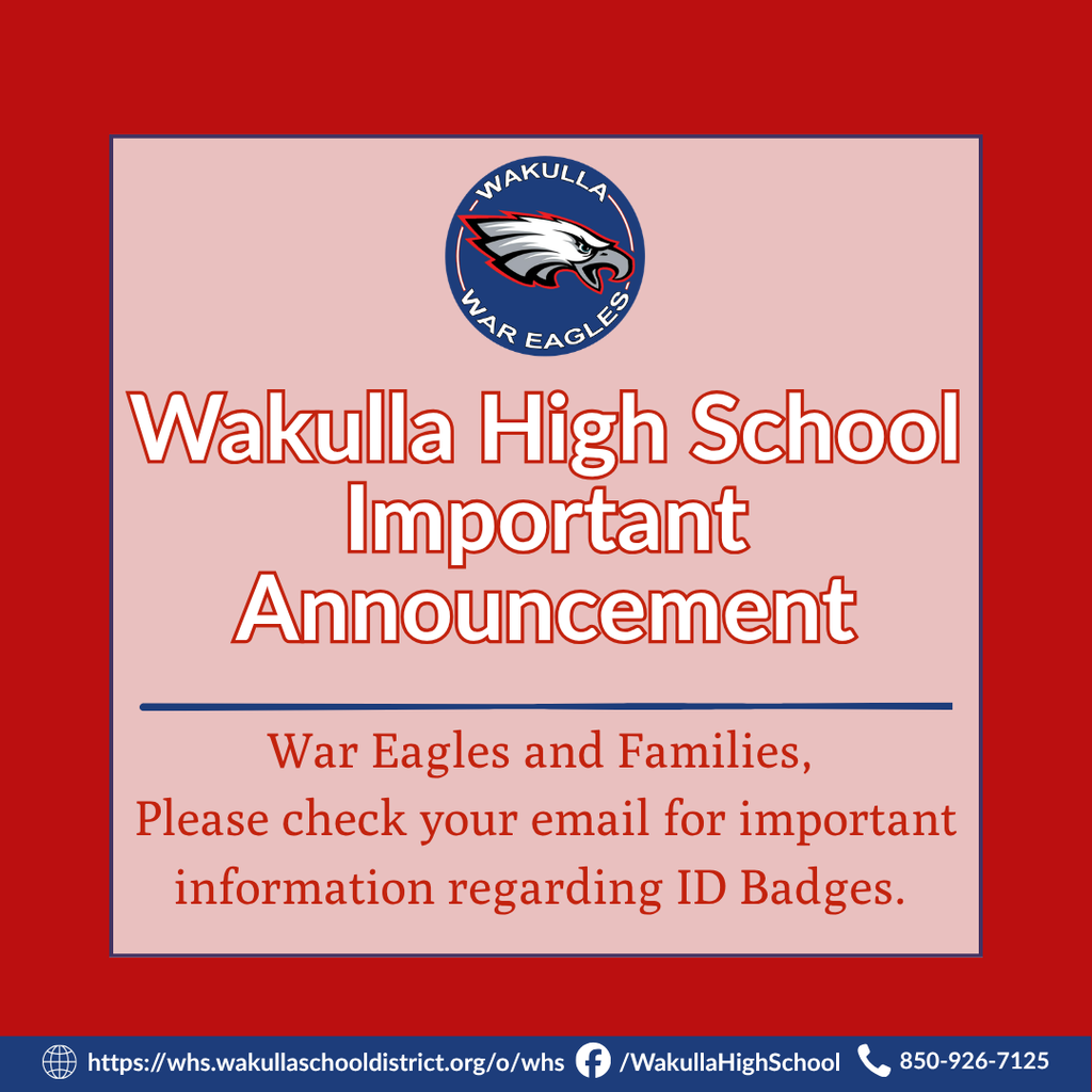 WHS Students & Families: Be sure to check your email! An important message regarding student ID badges was sent last night. Please take a few minutes to review the information so students are prepared for the new ID badge procedures.