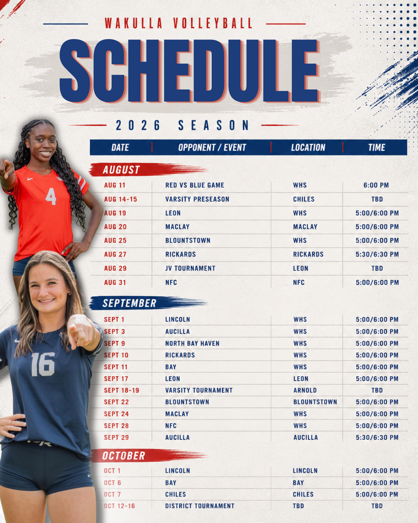 Volleyball season is here, War Eagles! Varsity preseason action begins this week, and our Lady War Eagles will take the court at home for the first time on August 19. Save the schedule, make your plans, and help us PACK THE NEST all season long. Come out, get loud, and support Wakulla Volleyball! For the most up-to-date game times, dates, and locations, always check the Wakulla High Events Calendar: https://whs.wakullaschooldistrict.org/o/whs/events?view=cal-month Let’s go, Lady War Eagles!
