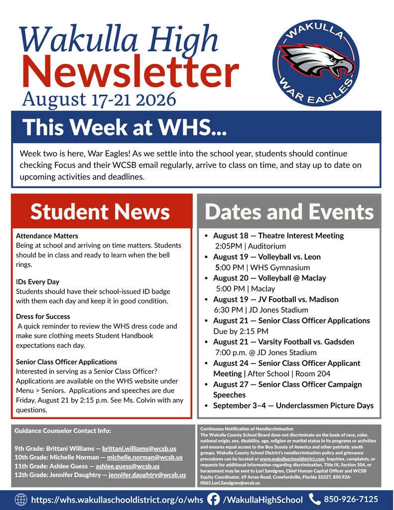 A new week is underway at Wakulla High! Check out this week’s WHS Newsletter for student reminders, upcoming deadlines, athletics and events happening around campus. Save it, share it and stay up to date with what’s happening at WHS this week. Dates and times are subject to change. View the complete Wakulla High Events Calendar at: https://whs.wakullaschooldistrict.org/o/whs/events