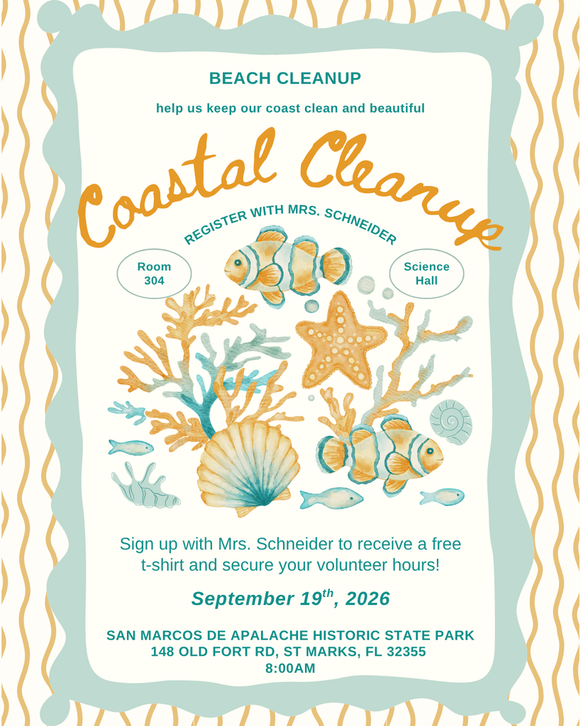 Join the Interact Club in cleaning up our beaches for the Coastal Cleanup! The cleanup takes place September 19th. You can register with Mrs. Schneider in room 304 down the science hall any time before August 28th to secure your free t-shirt. You do not need to currently be a member of the Interact club to join in the cleanup! We hope you'll help us keep our coast clean and beautiful! Email Mrs. S with any questions at brooke.schneider@wcsb.us