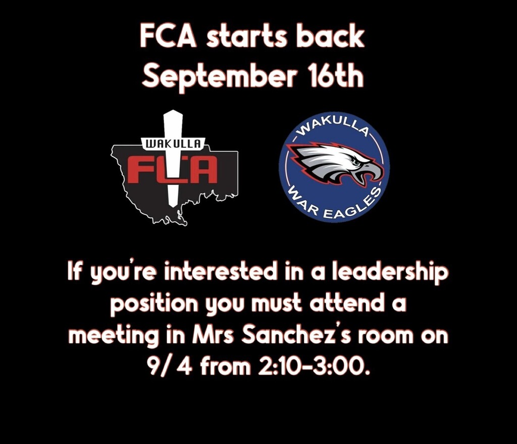 FCA is starting back soon! See Mrs. Sanchez in room 58 if you have questions!