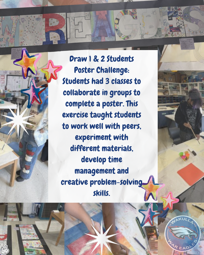 Our Drawing 1 & 2 students recently took on a Poster Challenge, working in groups with just three class periods to bring their ideas to life! Along the way, students practiced collaboration, experimented with different materials and put their time management and creative problem-solving skills to work—all while creating some pretty impressive pieces. The finished posters are now on display in the main hallway of the old building, just outside Guidance. Stop by, check them out and see just how much artistic talent we have here at Wakulla High School! 🦅🎨