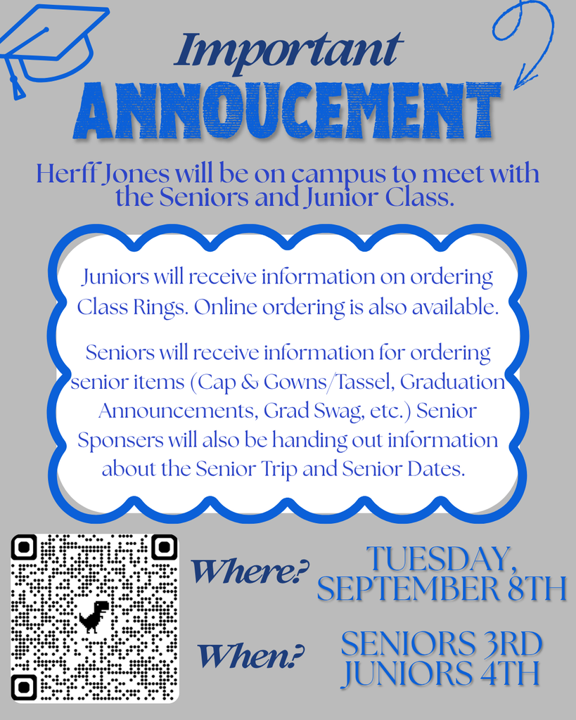 Brad Maxwell from Herff Jones will be on Campus Tuesday, September 8th to meet with the Senior Class during 3rd period and the Junior Class during 4th period in the Auditorium. Seniors will receive information for ordering senior items (Cap & Gown/Tassel, Graduation Announcements, Grad Swag, etc.) Senior Sponsors will also be handing out information about the Senior Trip and Important Senior Dates. Juniors will receive information on ordering Class Rings. Online ordering is also available. See the QR Code for the Wakulla Herff Jones Website