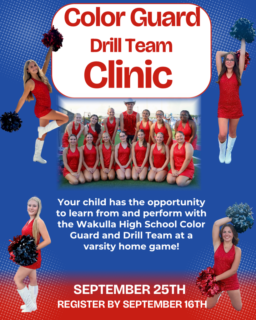Our Wakulla High Color Guard and Drill Team are so excited to bring their clinic back this year! Join them for their clinic on September 25th to perform at the Wakulla vs Suwannee varsity football game! Purchase your ticket on GoFan by September 16th in order to secure your t-shirt and poms! If your child participated last year, they will be receiving a blue shirt this year and a new set of red and white poms! The elementary dance will also be featuring “9 to 5” by the one and only Dolly Parton! If you have any questions, email Mrs. S at brooke.schneider@wcsb.us Must be a student in the Wakulla County School District in order to participate. We hope to see you there!!