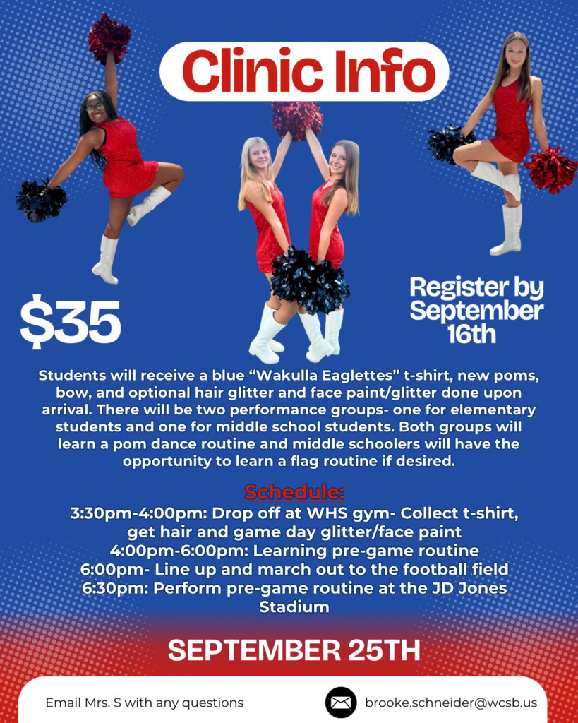 Our Wakulla High Color Guard and Drill Team are so excited to bring their clinic back this year! Join them for their clinic on September 25th to perform at the Wakulla vs Suwannee varsity football game! Purchase your ticket on GoFan by September 16th in order to secure your t-shirt and poms! If your child participated last year, they will be receiving a blue shirt this year and a new set of red and white poms! The elementary dance will also be featuring “9 to 5” by the one and only Dolly Parton! If you have any questions, email Mrs. S at brooke.schneider@wcsb.us Must be a student in the Wakulla County School District in order to participate. We hope to see you there!!