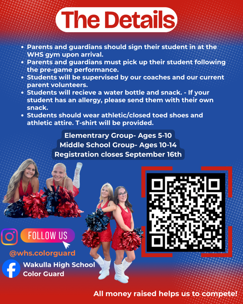 Our Wakulla High Color Guard and Drill Team are so excited to bring their clinic back this year! Join them for their clinic on September 25th to perform at the Wakulla vs Suwannee varsity football game! Purchase your ticket on GoFan by September 16th in order to secure your t-shirt and poms! If your child participated last year, they will be receiving a blue shirt this year and a new set of red and white poms! The elementary dance will also be featuring “9 to 5” by the one and only Dolly Parton! If you have any questions, email Mrs. S at brooke.schneider@wcsb.us Must be a student in the Wakulla County School District in order to participate. We hope to see you there!!