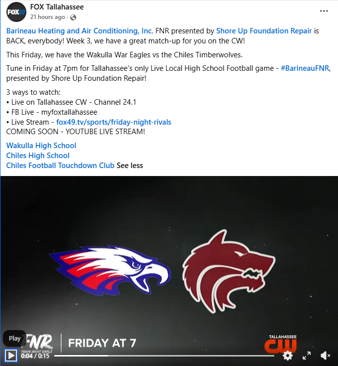 This Friday, Wakulla takes on Chiles as part of FOX 49’s Friday Night Rivals! PLEASE NOTE: Because this week’s game is being broadcast by FOX 49, there will not be a War Eagle Sports Broadcasting livestream on the Wakulla County Schools YouTube channel. Instead, catch the War Eagles LIVE on FOX 49/CW Tallahassee beginning at 7 PM Friday! Check out FOX 49’s post below for all the ways to watch. GO WAR EAGLES! 🦅❤️🤍💙