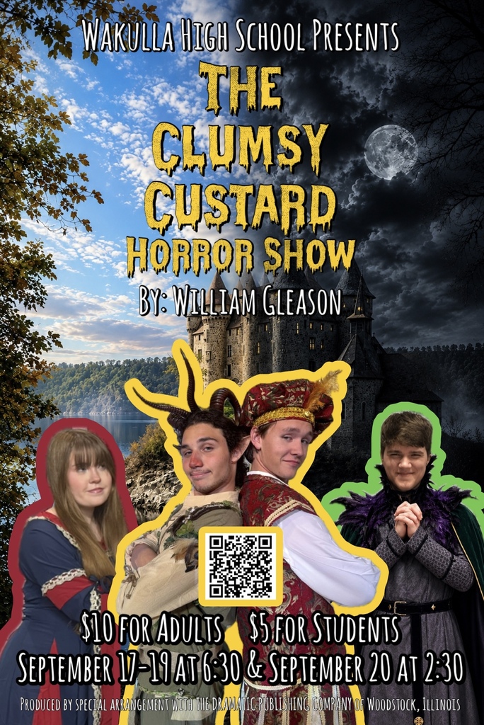 Wakulla High School Theatre invites audiences to step into the wonderfully wacky Kingdoms of Zob Proper and Zob Improper this September for its production of The Clumsy Custard, a fast-paced comedy filled with heroes, villains, princesses, monsters and plenty of unexpected laughs. Written by William Gleason, The Clumsy Custard is a full length playful medieval adventure. When danger threatens the kingdom and its princess, an unforgettable cast of characters is swept into an adventure where things rarely go according to plan. Audiences can expect bold characters, over-the-top comedy and plenty of theatrical surprises as the students of Wakulla High School Theatre bring the strange and hilarious world of Zob to life. With a story that celebrates courage and friendship the production offers entertainment for the whole family. Performances of The Clumsy Custard will be held September 17–19 at 6:30 p.m., with a Sunday matinee September 20 at 2:30 p.m. Tickets are $10 for adults and $5 for students. Come cheer for the heroes, boo the villains and discover what happens when a princess, a kingdom and a very unusual collection of characters collide in one delightfully ridiculous adventure. Wakulla High School Theatre looks forward to welcoming the community for their first production of the year where Imagination Comes to Life!
