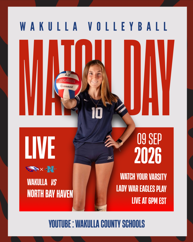LADY WAR EAGLE VOLLEYBALL IS LIVE TONIGHT! 🏐 The Lady War Eagles will be playing at the nest, and War Eagle Sports Broadcasting will be there to capture it all! Our student crew will be LIVE from Wakulla High School tonight bringing you all the varsity action. WAKULLA LADY WAR EAGLES VARSITY VOLLEYBALL Tonight | 6:00 PM | at Wakulla High School Can’t make the trip? We’ve got you covered! 📺 Watch LIVE on YouTube at @WakullaCountySchools — and don’t forget to subscribe! Student-produced. On the road. LIVE. GO WAR EAGLES! 🦅🏐