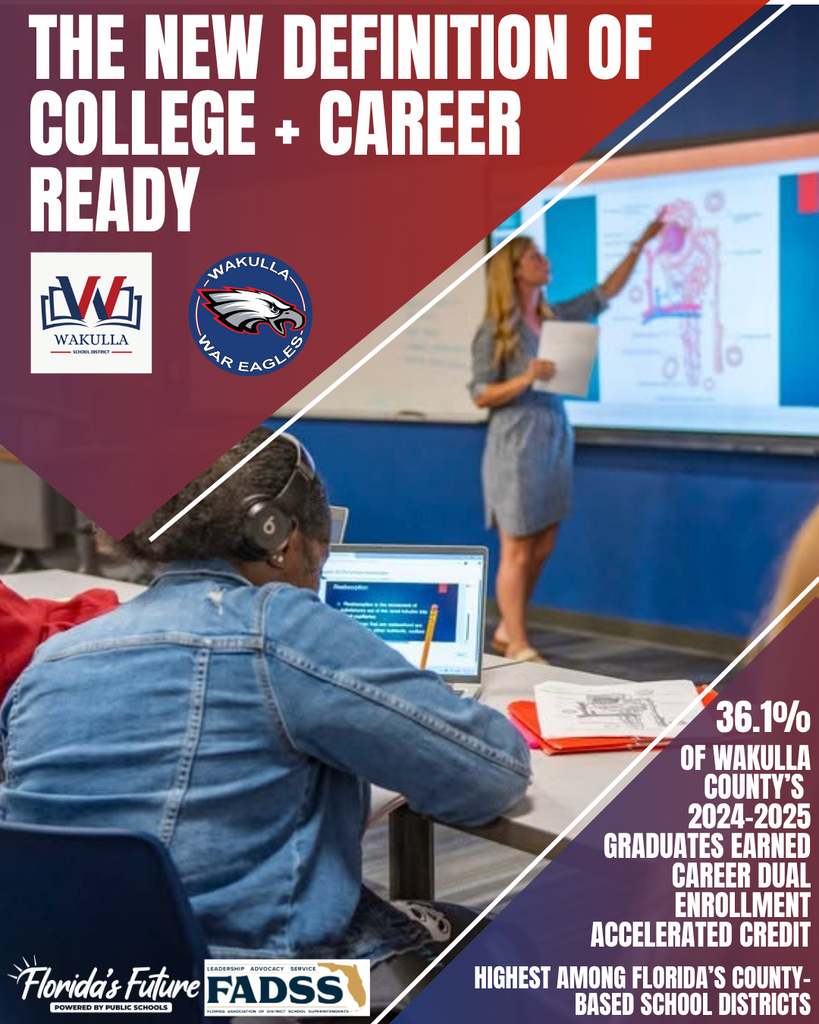 Graphic titled “The New Definition of College + Career Ready” featuring a Wakulla High School classroom, where a teacher points to an anatomy diagram as students work. Text states that 36.1% of Wakulla County’s 2024–2025 graduates earned career dual enrollment accelerated credit—the highest percentage among Florida’s county-based school districts. Wakulla County Schools, Wakulla High School, Florida’s Future and FADSS logos are included.