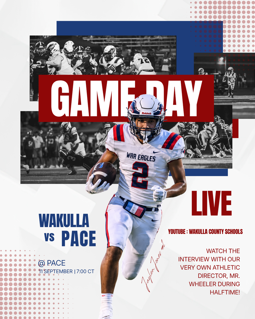 WAR EAGLE FOOTBALL LIVE TONIGHT IN PACE! Can’t make it to Pace tonight? Our Wakulla High School Sports Broadcasting students are bringing the game to YOU — LIVE on YouTube! WAKULLA WAR EAGLES vs. PACE PATRIOTS Friday, September 11 | 7:00 PM | Pace High School HOW TO WATCH: 1. Open YouTube on your phone, computer or smart TV. 2. Search @WakullaCountySchools. 3. Subscribe to the Wakulla County Schools channel. 4. Look for the LIVE War Eagle football broadcast and tune in! Watch from anywhere. Cheer from everywhere. Student-produced and LIVE. GO WAR EAGLES!