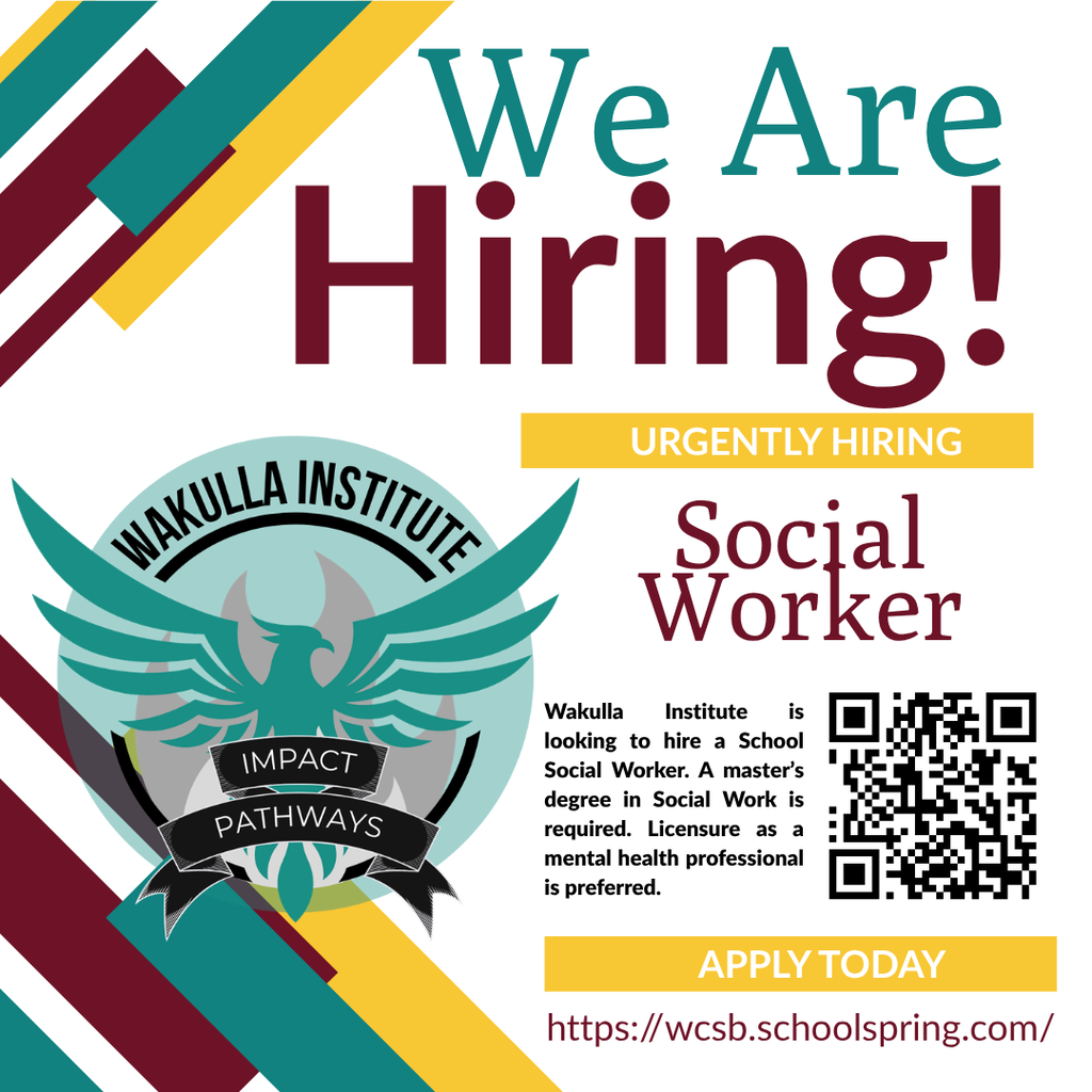 WE ARE HIRING | SCHOOL SOCIAL WORKER  Wakulla Institute is looking for a School Social Worker who wants to make a difference for students and families.  In this role, you’ll work alongside school staff and families to address barriers to learning, connect students with helpful resources, and support a safe, caring school environment.  A master’s degree in Social Work is required. Licensure as a mental health professional is preferred.  Full-time | $55,000 per year  Learn more and apply: [application link]  Know someone who would be a great fit? Please share this opportunity with them!