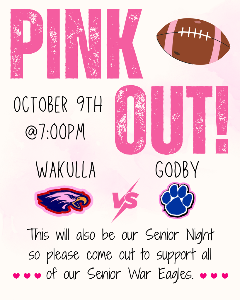 🏈💗PINK OUT & SENIOR NIGHT! 💗🏈 Join us October 9th at 7pm to celebrate our Seniors and cheer on the War Eagles! Bring lots of energy and get the stands PACKED. Make sure if you are a student, you should be in the student section dressed out. #WarEagles #SeniorNight #PinkOut #FNL