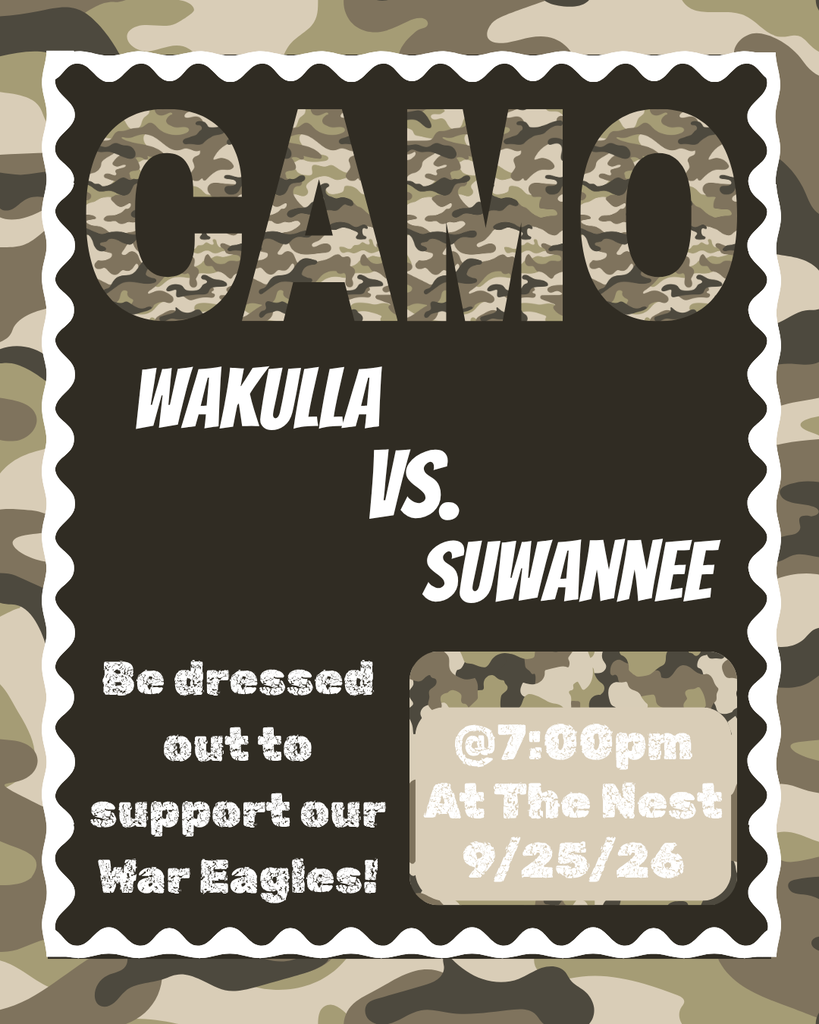 We are back under the home lights this Friday, September 25th @ 7:00PM! This week's game theme: CAMO NIGHT Come dressed out to support our War Eagles!