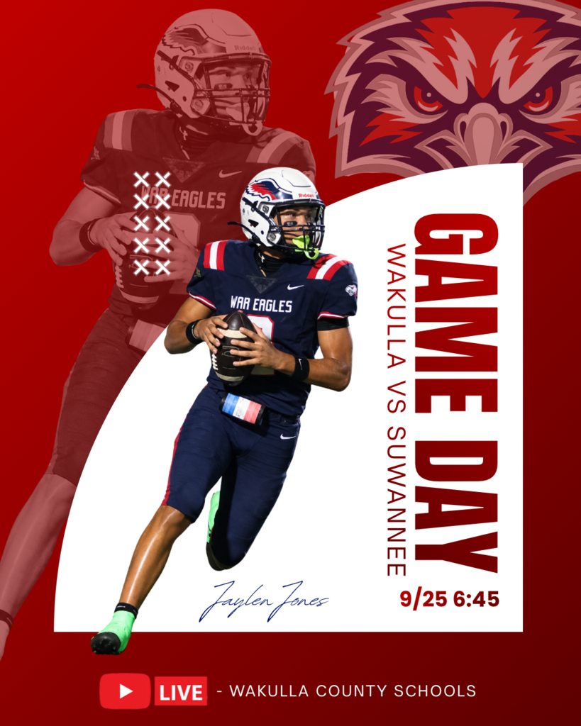 WAR EAGLE FOOTBALL LIVE TONIGHT IN WAKULLA!  Can’t make it to the game tonight? Our Wakulla High School Sports Broadcasting students are bringing the game to YOU — LIVE on YouTube!  WAKULLA WAR EAGLES vs. SUWANNEE BULLDOGS Friday, September 25 | 6:45 PM | Wakulla High School  HOW TO WATCH: 1. Open YouTube on your phone, computer or smart TV. 2. Search @WakullaCountySchools. 3. Subscribe to the Wakulla County Schools channel. 4. Look for the LIVE War Eagle football broadcast and tune in!  Watch from anywhere. Cheer from everywhere. Student-produced and LIVE.