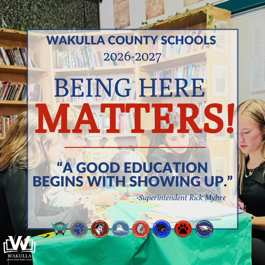 Wakulla COunty Schools 2026-2027 Being Here Matters! "A Good Education Begins with Showing up." image of students in the classroom followed by each school logo.