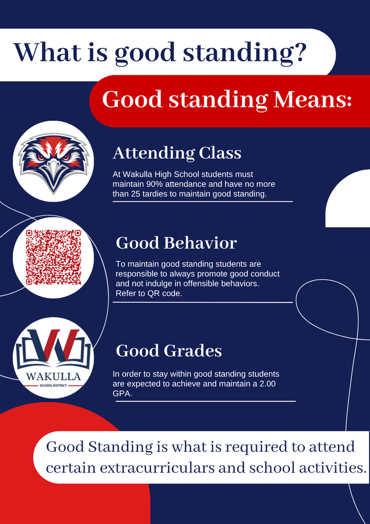 Good standing means meeting the requirements needed to participate in certain extracurriculars and school activities.  To maintain good standing, students must:  * 📚 Attend class: Maintain at least 90% attendance and have no more than 25 tardies. * 🤝 Show good behavior: Maintain good conduct and avoid offensive or inappropriate behavior. * 🎓 Maintain good grades: Keep at least a 2.0 GPA.  Stay on track, stay involved, and keep yourself in good standing! ❤️💙