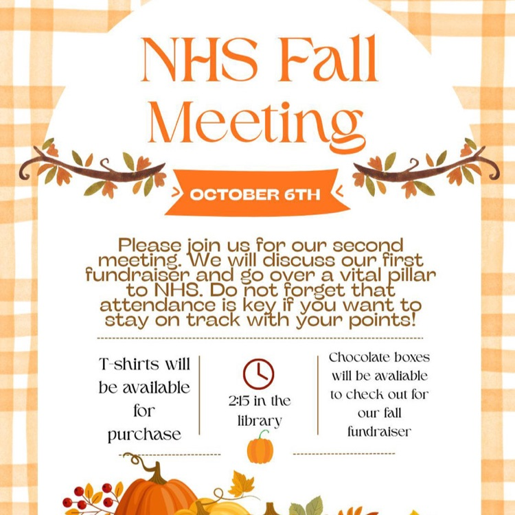 The next National Honor Society meeting will take place on Tuesday October 6th from 2:15 -3:00pm in the library. We will be discussing the chocolate fundraiser and a vital pillar to NHS. Don’t forget to bring money for dues!