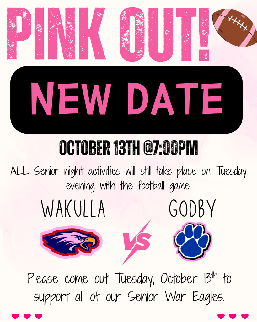 The Godby at Wakulla football game originally scheduled for Friday, October 9, has been rescheduled for Tuesday, October 13, at 7:00 p.m. All Senior Night activities will still take place Tuesday evening with the football game.