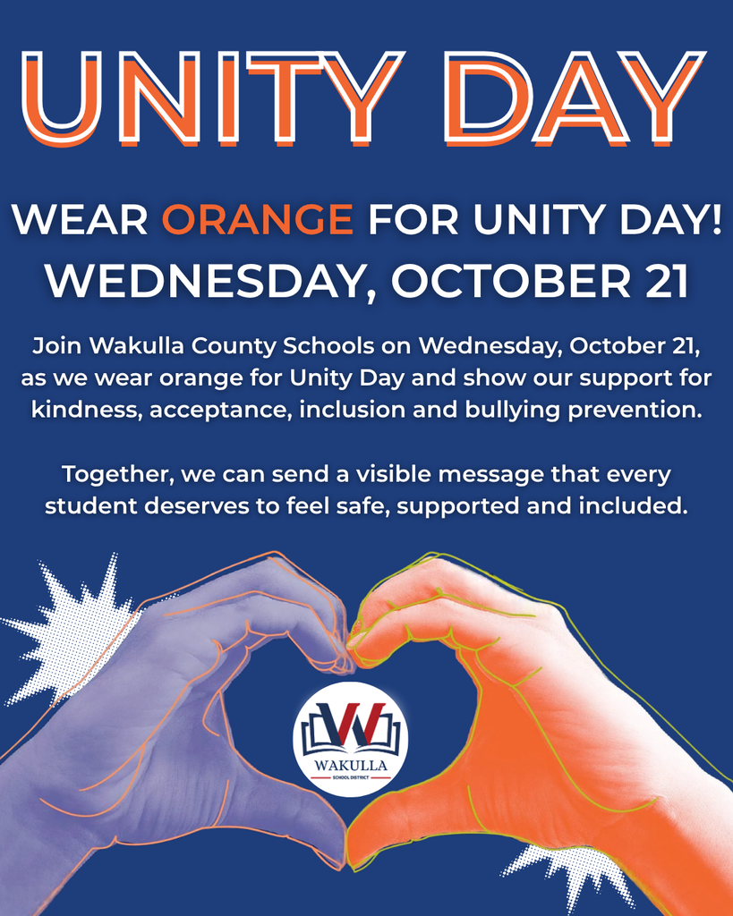 🧡 WEAR ORANGE FOR UNITY DAY! 🧡 Join Wakulla County Schools on Wednesday, October 21, as we wear orange for Unity Day and show our support for kindness, acceptance, inclusion and bullying prevention. Together, we can send a visible message that every student deserves to feel safe, supported and included. Wear orange and help us stand united for kindness across Wakulla County Schools! Content created by a Wakulla High School Social Media Strategist student. #UnityEveryDay #UnityDay #BullyingPrevention #WakullaCountySchools
