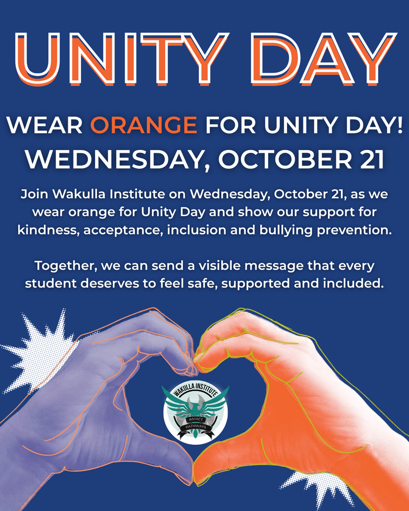 🧡 WEAR ORANGE FOR UNITY DAY! 🧡 Join Wakulla County Schools on Wednesday, October 21, as we wear orange for Unity Day and show our support for kindness, acceptance, inclusion and bullying prevention. Together, we can send a visible message that every student deserves to feel safe, supported and included. Wear orange and help us stand united for kindness across Wakulla County Schools! Content created by a Wakulla High School Social Media Strategist student. #WakullaCountySchools #UnityEveryDay #UnityDay #LearningDisabilityMonth