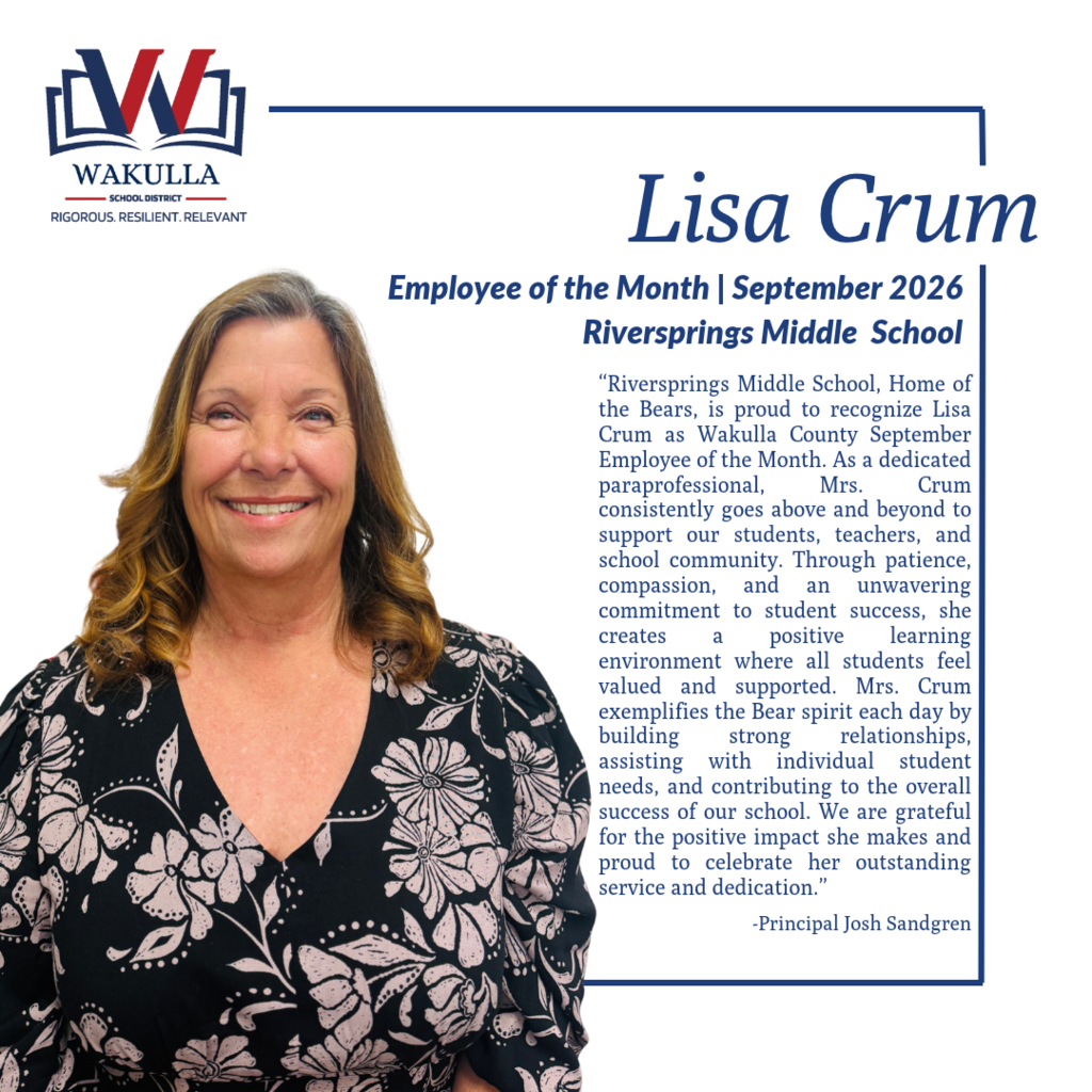 Congratulations to our October honorees! Sandyl Byars, Wakulla Middle School — Teacher of the Month Lori McNally, Medart Elementary School — Teacher of the Month Casey Walker, Wakulla County Schools District Office — Employee of the Month Lisa Crum, Riversprings Middle School — Employee of the Month We were proud to recognize each of these outstanding members of the Wakulla County Schools family at tonight’s School Board meeting. Congratulations on these well-deserved honors!