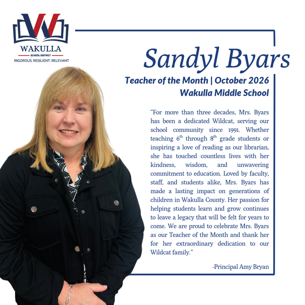 Congratulations to our October honorees! Sandyl Byars, Wakulla Middle School — Teacher of the Month Lori McNally, Medart Elementary School — Teacher of the Month Casey Walker, Wakulla County Schools District Office — Employee of the Month Lisa Crum, Riversprings Middle School — Employee of the Month We were proud to recognize each of these outstanding members of the Wakulla County Schools family at tonight’s School Board meeting. Congratulations on these well-deserved honors!