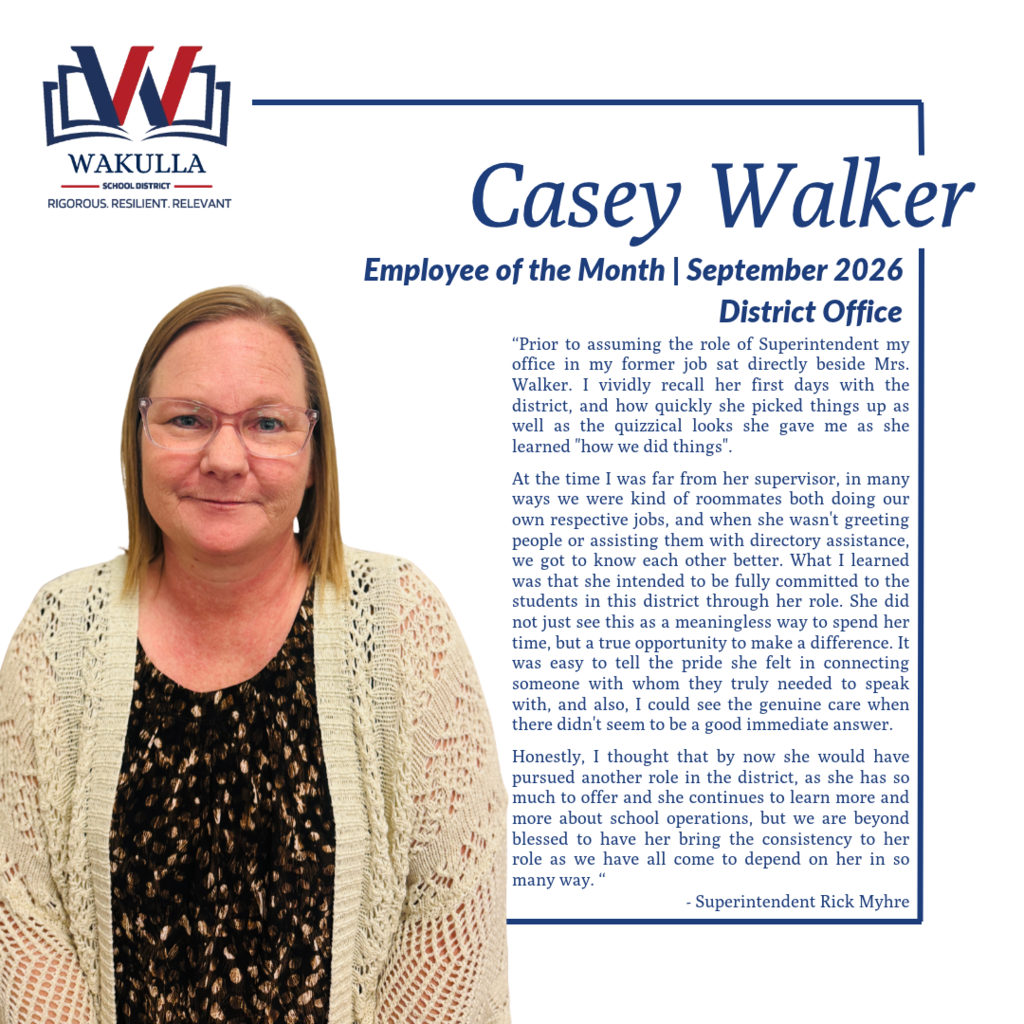 Congratulations to our October honorees! Sandyl Byars, Wakulla Middle School — Teacher of the Month Lori McNally, Medart Elementary School — Teacher of the Month Casey Walker, Wakulla County Schools District Office — Employee of the Month Lisa Crum, Riversprings Middle School — Employee of the Month We were proud to recognize each of these outstanding members of the Wakulla County Schools family at tonight’s School Board meeting. Congratulations on these well-deserved honors!