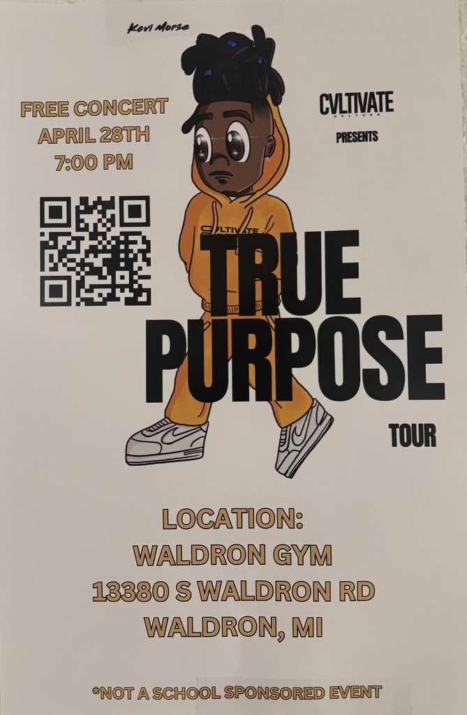 Just a reminder that the True Purpose Tour will be at the HS gym this evening.  This is a FREE concert suitable for families.  Brad Hurtig and Kevi Morse had an assembly today at school for the 6th - 12th grade students and they had a great time.  