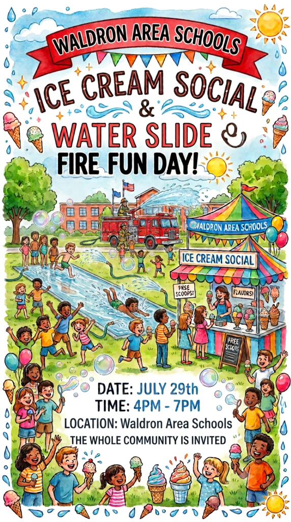 Reminder: The Waldron Area Schools Ice Cream Social, Water Slide, & Fire Truck Fun Day is happening this week! ☀️ July 29th | 4:00 PM – 7:00 PM 📍 Waldron Area Schools With the temperatures warm, there is no better way to beat the heat than with free ice cream, slip-and-slides, bubble-blowing fun, and an epic spray-down from our local fire department trucks! Everyone is invited, so grab your towels and neighbors, and let's make some waves. See you there! 🍦💦