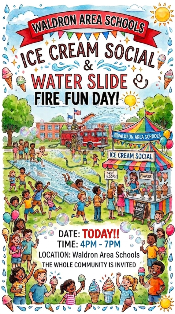 The wait is over! Grab your towels, your friends, and your neighbors, because the Waldron Area Schools Ice Cream Social & Water Slide Fun Day is officially here! We are turning up the excitement this summer. Not only can you cool off on the slip-and-slides and get sprayed down by the local fire department trucks, but we’ve also added a bubble machine, a cupcake walk, and plenty of fun yard games! 🍦💦 ⏰ Time: 4:00 PM – 7:00 PM 📍 Location: Right behind the school! ☀️ Who: The entire community is invited to join in on the fun! The weather is perfect for a splash, the ice cream is scooped, and the games are ready. We will see you there!!