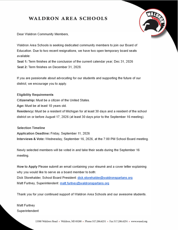 Ready to make a real impact in our community? We have two open seats on our School Board right now! If you're passionate about shaping the future of our schools and driving positive change, we want to hear from you. Check out the attached posting for all the details and learn how to apply today!