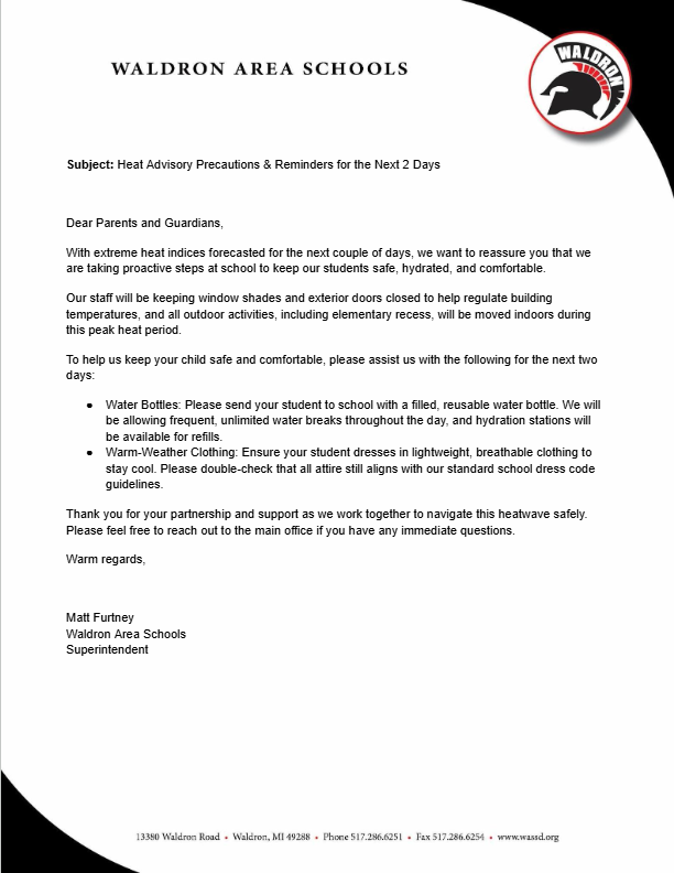Good afternoon. Please read this important update from Superintendent Furtney regarding heat conditions for the next few days: