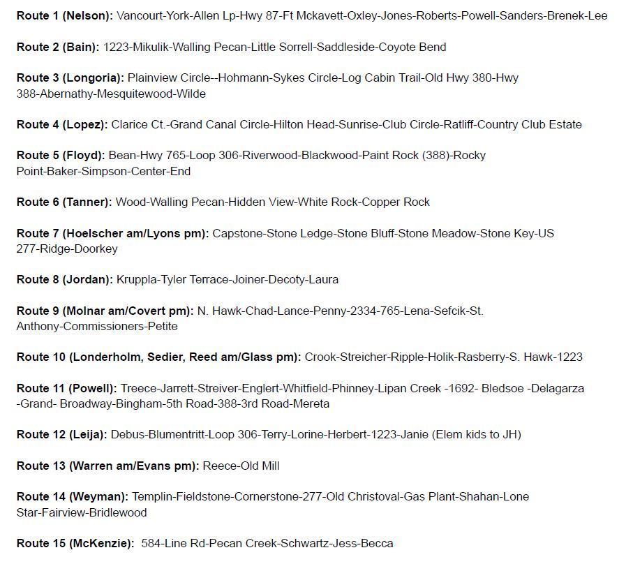 Wall ISD Bus Routes 2025-2026 