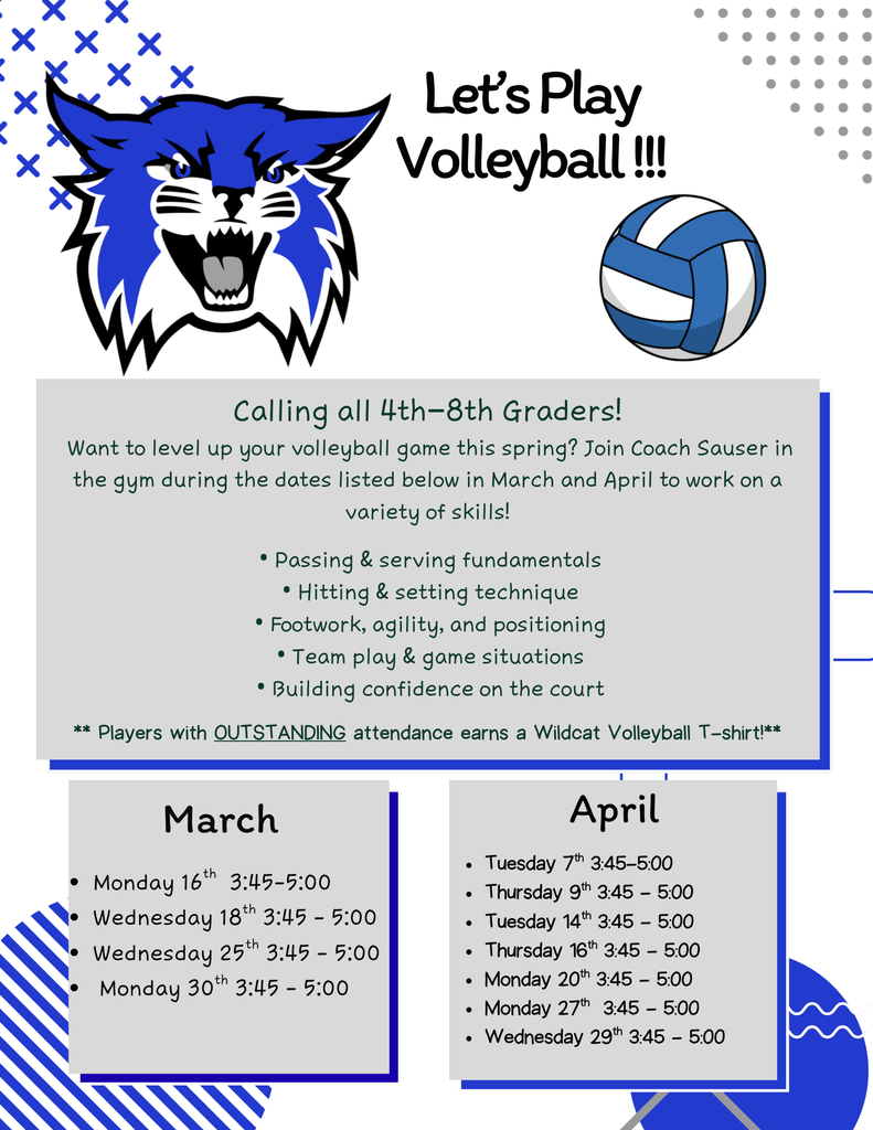 Volleyball skills dates in March and April for 4th-8th graders