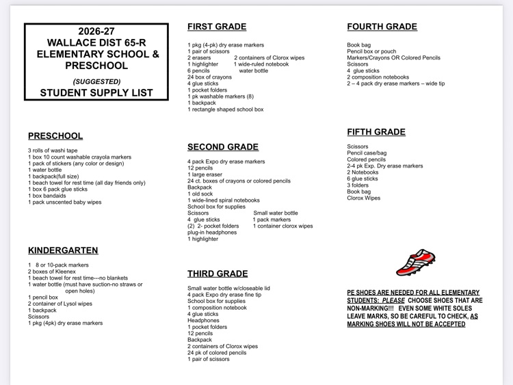 elementary supply list