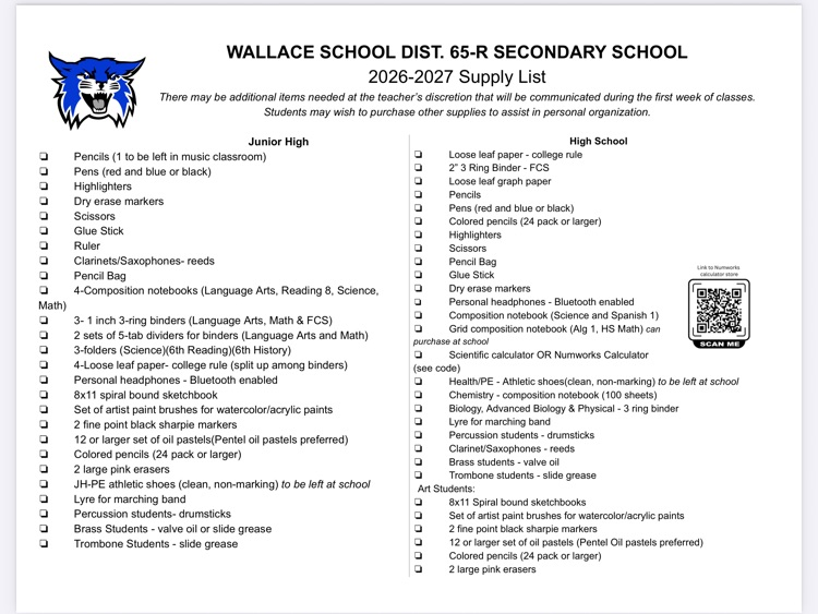 secondary supply list