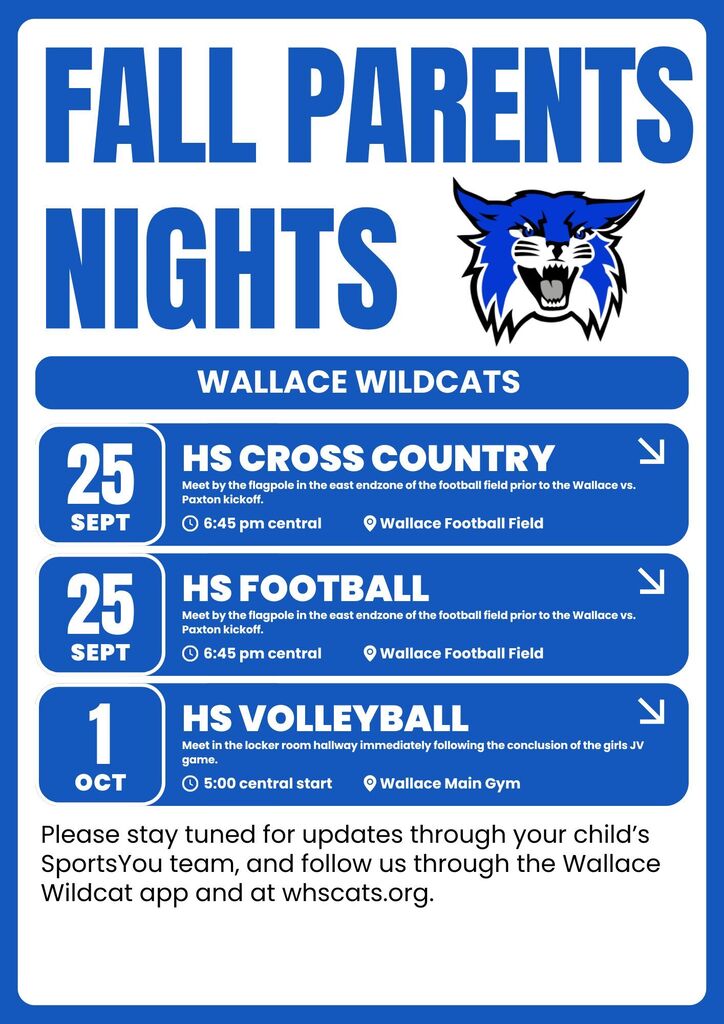 Dates for the fall parents nights - XC 9/25, FB 9/25, VB 10/1