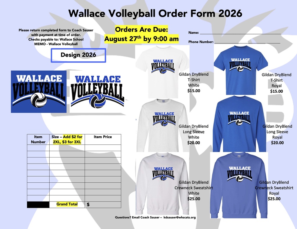 volleyball orders due Thursday, August 27th