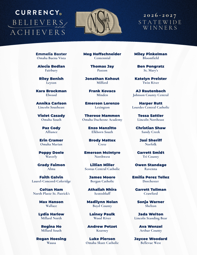 The '26-27 Currency/NSAA Believers & Achievers list of the 48 statewide winners.