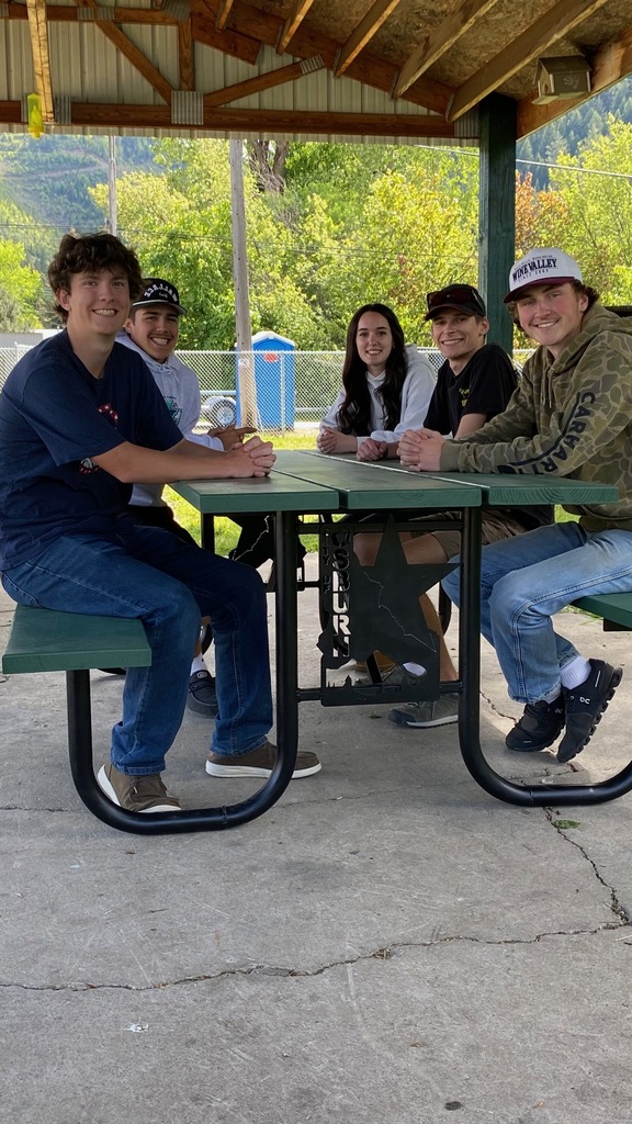 Students sitting at picnic table.