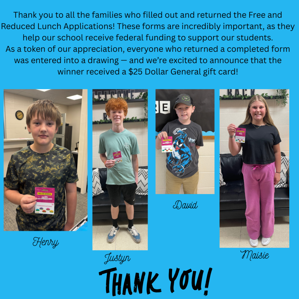 Thank you to all the families who filled out and returned the Free and Reduced Lunch Applications!