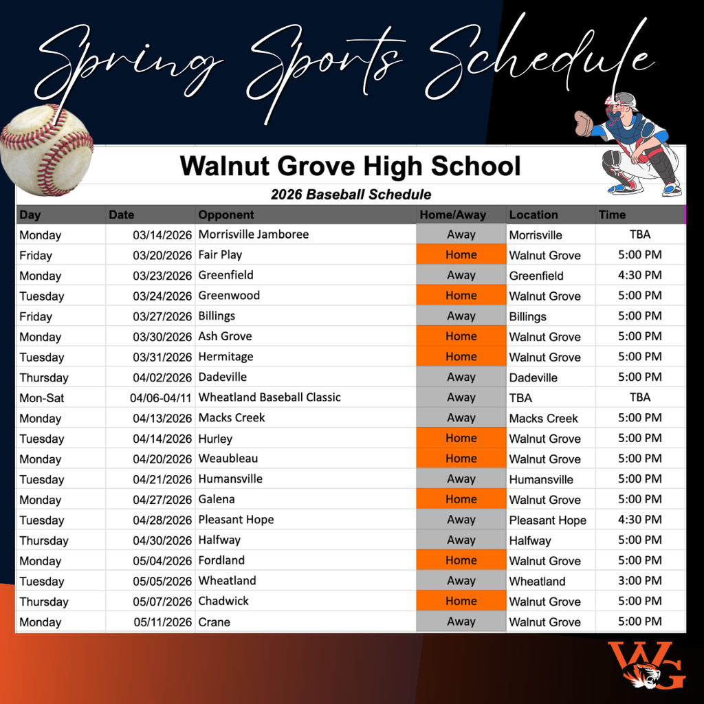 HS WG Baseball Schedule